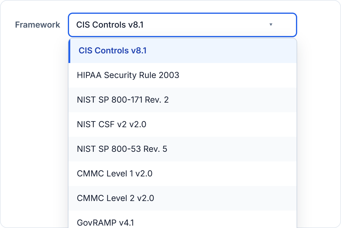 Framework dropdown expanded showing all seven supported frameworks